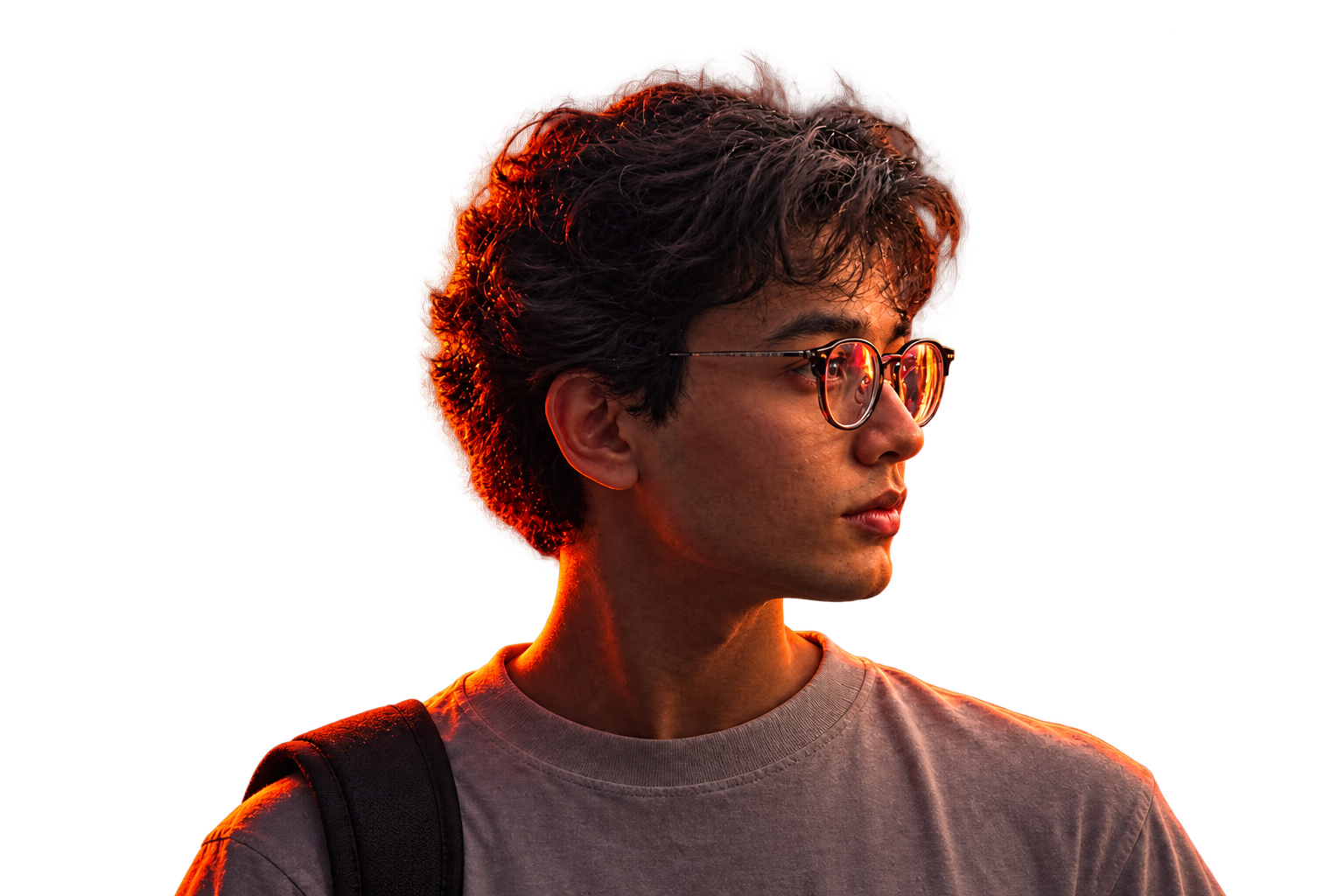 Nikhil looking to the right, wearing glasses and a grey T-shirt with warm rim lighting